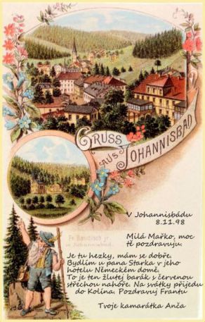 Litografická pohlednice Janských Lázní z roku 1898