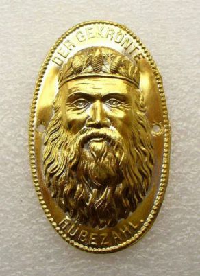 Korunovaný Krakonoš - starožitný štítek na hůl