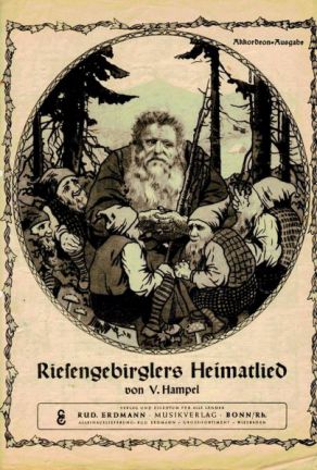Krakonoš a trpaslíci podle Hartmanna. Pohlednice s textem písně a notovým zápisem Krakonoš a trpaslíci podle Hartmanna. Pohlednice s textem písně a notovým zápisem