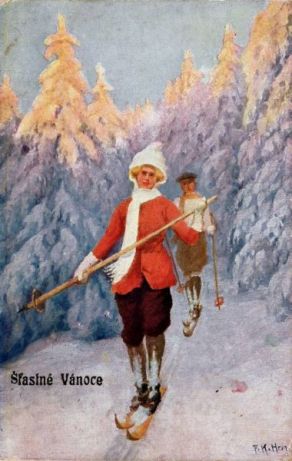 František Karel Hron: Lyžaři, vánoční pohlednice