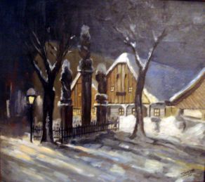 Náměstí ve Svobodě nad Úpou v zimě. Signováno Tippelt 1931