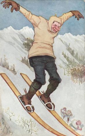 Lyžařská karikatura na dobové pohlednici