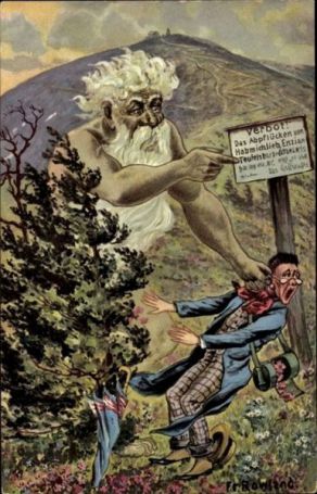 Rozzlobený Krakonoš trestá neukázněného bylinkáře - historická pohlednice Fr. Rowlanda (1910)
